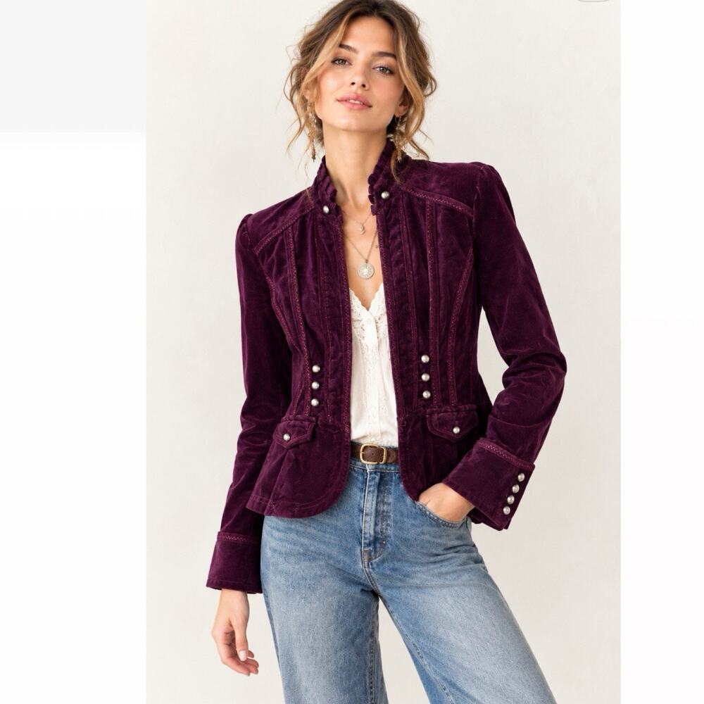 WHBM Velvet Military Blazer Burgundy Gothic Victorian Ruffle Whimsigoth Jacket 6